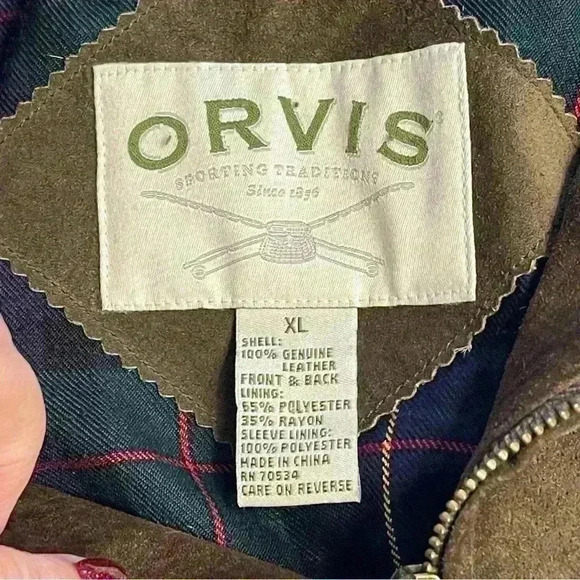 Men’s Vtg ORVIS Sporting Traditions LEATHER Jacket Coat sz XL Zip Up Olive Green - Picture 7 of 9
